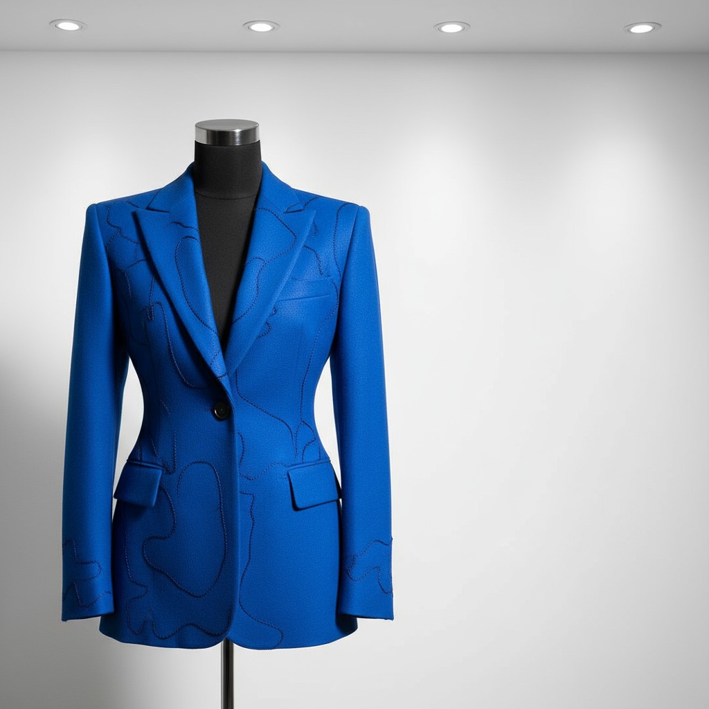 A woman's blue jacket on a mannequin display, viewed from the front, linked to a lighting fixture by a metal pole