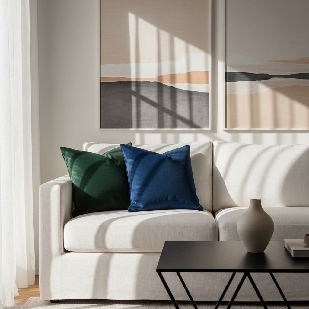 The image showcases a spacious, elegant space, featuring a large sofa and a wall adorned with two modern paintings. The so...